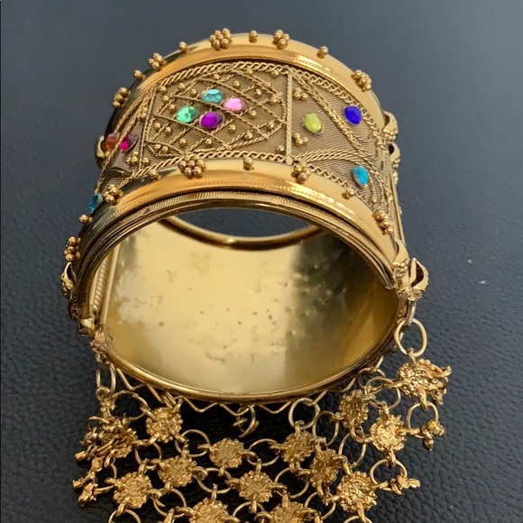 Antique Gold Multicolored Cuff Bracelet with Ring - Picture 6 of 8